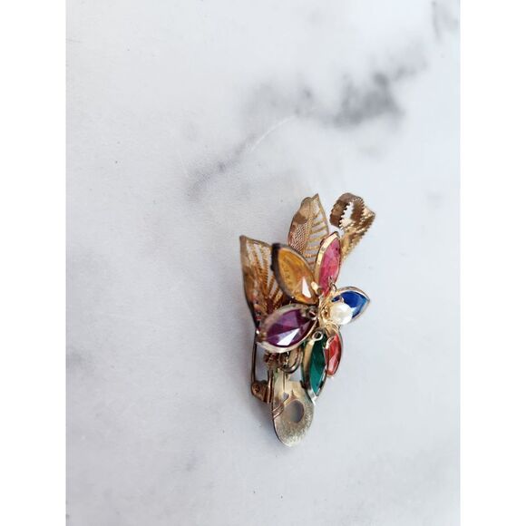 Vintage brooch floral multicolored gemstone rhinestone golden lightweight - Picture 4 of 4